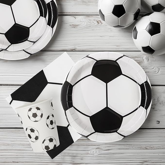96pcs Party Plates Soccer Tableware Set Black and White Kid's Birthday Party Paper Plates Round for 24 Guests Disposable Table Supplies Picnic Soccer Party (Include Plates, Cups and Napkins)
