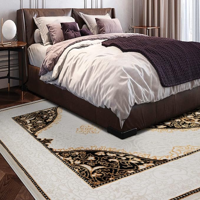 Antep Rugs Babil Gold 5x7 Oriental Bordered High Low Textured Traditional Indoor Area Rug, Beige Black, 5'3" x 7'