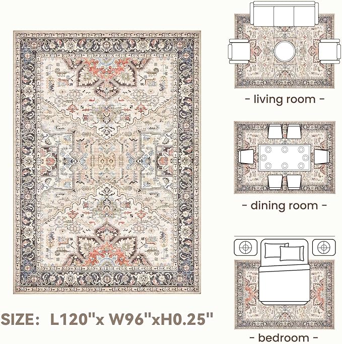 8x10 Area Rugs for Living Room - Large Carpet Ultra Thin Soft Washable Oriental Vintage Floral Distressed Big Indoor Carpets for Bedroom Nursery Dorm Home Decor Aesthetic - Multi