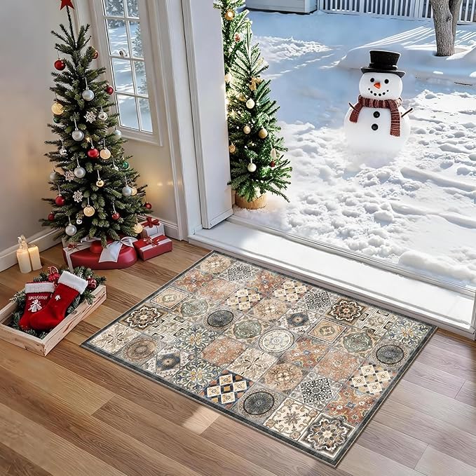 Washable 2'x3' Non Slip Rug Vintage Soft Low Pile Lightweight Small Area Rugs for High-Traffic Areas (Entryway, Kitchen, Hallway), Farmhouse Decor