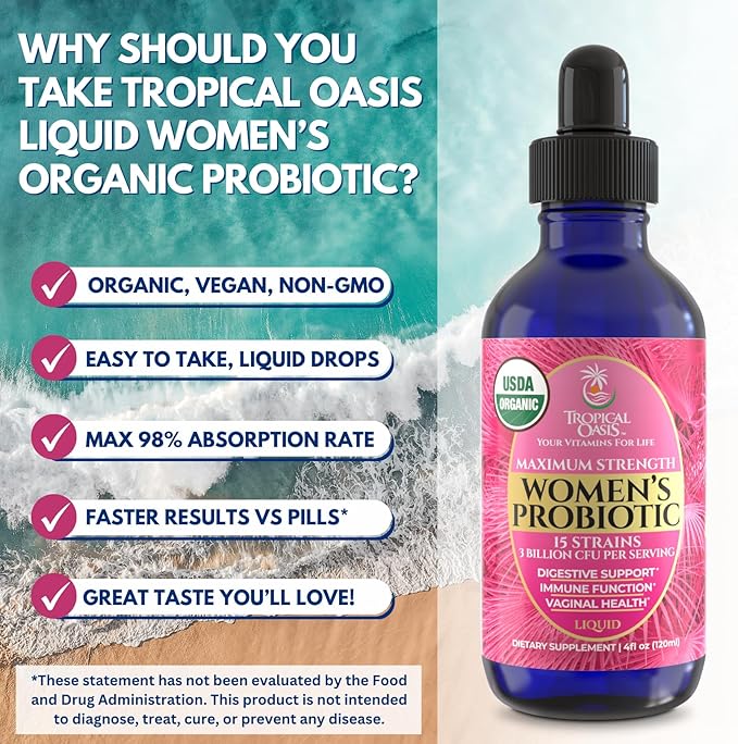 USDA Organic Liquid Probiotic for Women | PH Balance, UT, & Feminine Health | Digestive Support, Immune & Gut Health | 15 Clinically Studied Strains | 98% Absorption | Vegan, Non-GMO | 40 Servings