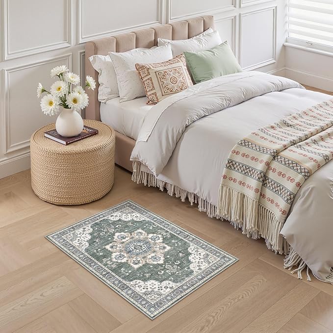 2x3 Washable Entryway Rug: Non-Slip Soft Small Indoor Area Rug for Bedroom Kitchen, Low Pile Stain-Resistant Durable Vintage Floral Carpet for Porch Laundry Kids Room Home Decor (Green)