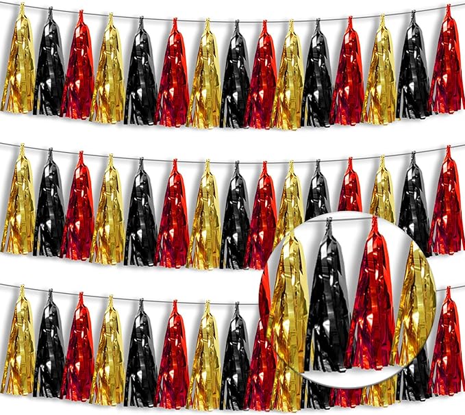 3P Metallic Fringe Banner Garland Foil Tinsel Streamer Wall Hanging Curtain Backdrop Banners for Parade Floats Graduation Decorations, Baby Bridal Shower Party Decoration(Red-Black Gold)
