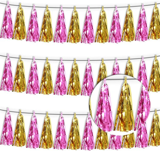 3P Gold Pink Metallic Fringe Tassel Banner Garland Foil Tinsel Streamer Wall Hanging Curtain Backdrop for Parade Floats, Graduation, Wedding, Bachelorette, Birthday, Retirement Party Decorations