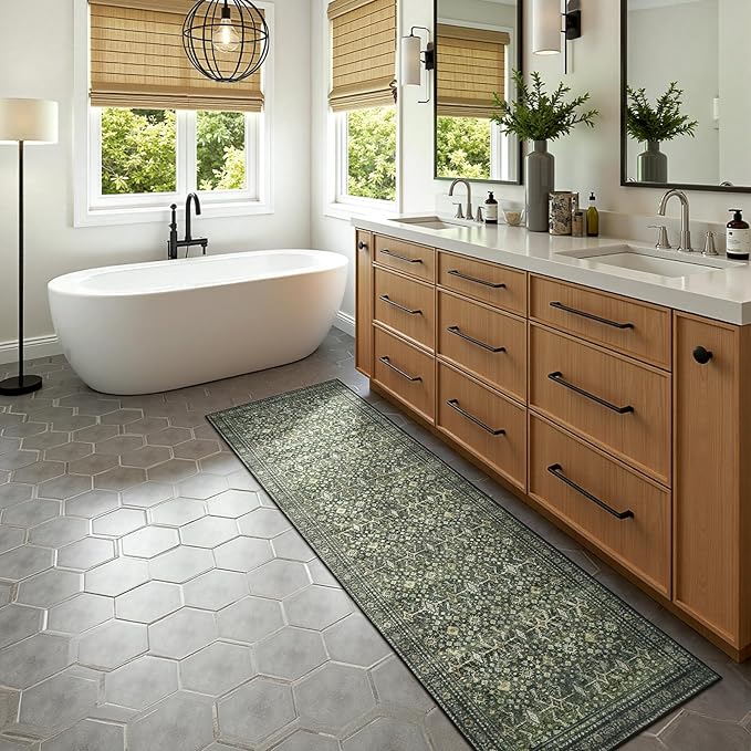 Lofus 2X 6 Runner Rug for Hallways,Green Washable Runner Rugs with Non Slip Rubber Backing, Low Pile Soft Carpet Runner for Kitchen Bathroom Bedroom Laundry