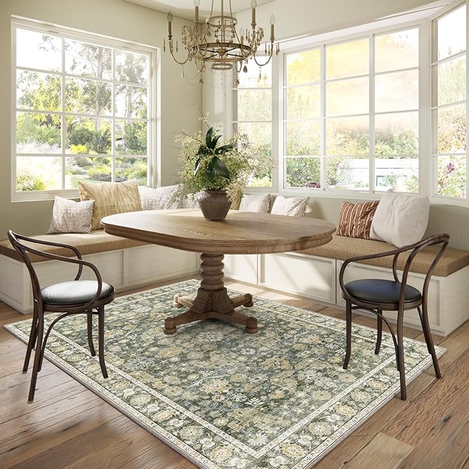Washable Area Rugs 5'x7' Non-Slip Vintage Boho Distressed Fade Resistant Low Pile Carpet for High-Traffic Living Room, Bedroom & Dining Room