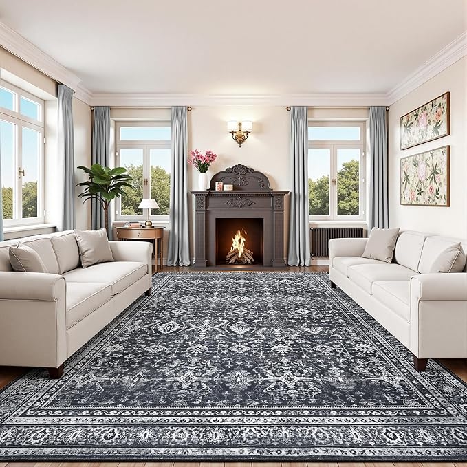 Lofus 9x12 Area Rug for Living Room,Black Washable Area Rugs with Non-Slip Backing,Soft Boho Carpets for Bedroom Dining Room Home Office Indoor Nursery