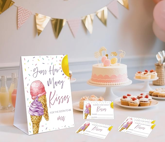 Pink & Purple Ice Cream Themed How Many Kisses for The Soon to Be Mrs, 1 Tabletop Sign and 50 Cards, How Many Kisses Bridal Shower Game for Bachelorette Night Wedding Event & Party Supplies
