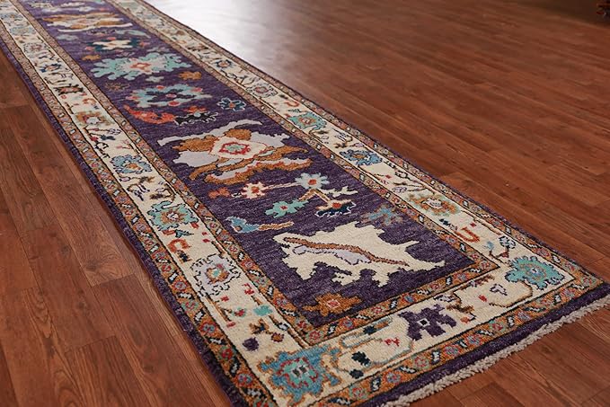 Rug Source Transitional Collection, 11 Ft Runner Oushak Runner Rug, Hand Knotted Purples Floral Rug, Oriental 100% Wool Carpet for Foyer, Entryway and Hallway