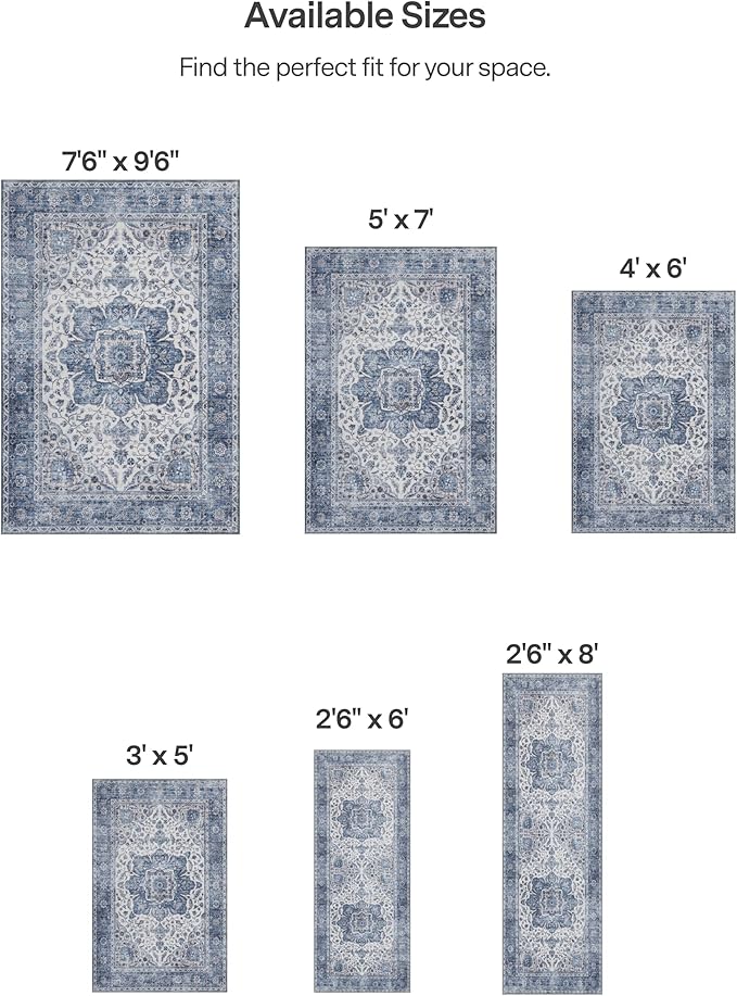ReaLife Rugs Machine Washable Area Rug Runner - Living Room Bedroom Bathroom Kitchen Entryway Office - Padded Low Pile Stain Resistant Premium - Boho Farmhouse Vintage - Joy - Blue Ivory 2'6" x 6'