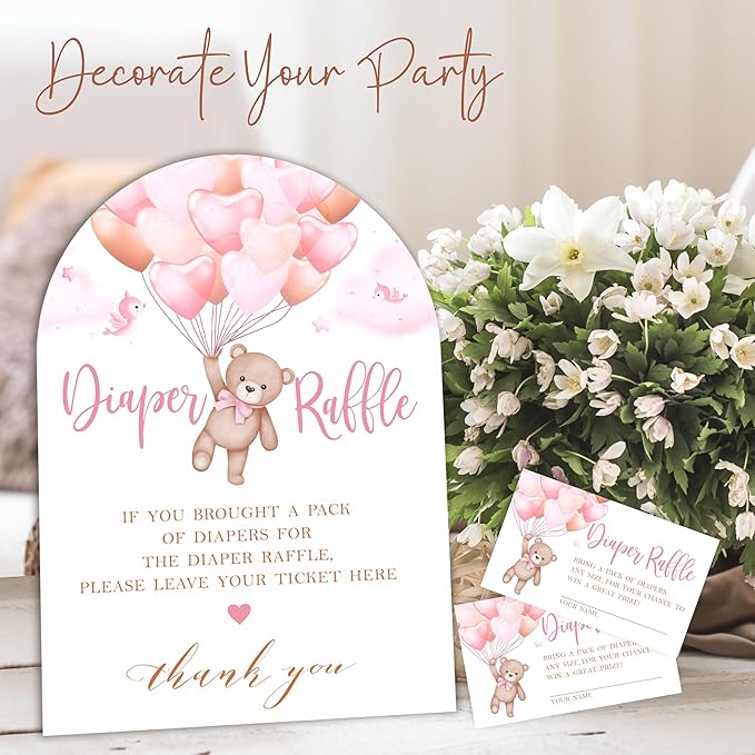 Pink Bear with Balloon Diaper Raffle Game Kit - 50 Tickets & 7x10 Inch Sign with Stand, Gender Neutral Baby Shower Decor, Bear Theme Gender Reveal Party Supplies (B04)