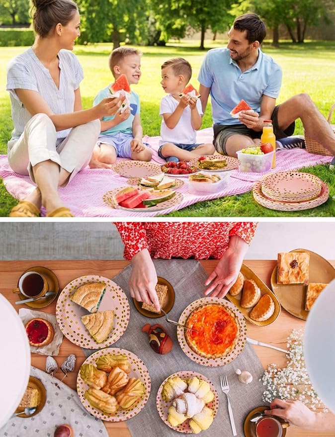 141 Pieces Pink Gold Party Supplies, Party Dinnerware Sets Include Paper Plates Napkins Cups Silverware, for Wedding Bridal Shower Engagement Birthday Parties Decoration -20 Serves