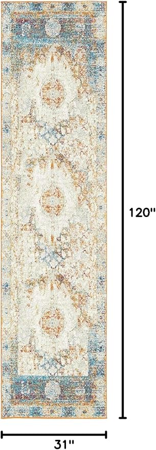 Unique Loom Rosso Collection Traditional, Vintage, Medallion, Border, Distressed, Southwestern Area Rug, 2 ft 7 in x 10 ft, Ivory/Blue