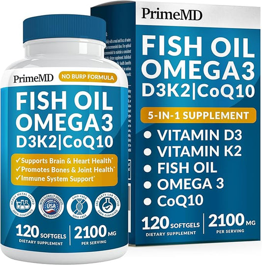 5-in-1 Fish Oil Omega 3 Fatty Supplements (2100mg) - Omega 3 Fish Oil with Vitamins D3 K2 and CoQ10 - Lemon Flavored (120 softgels)