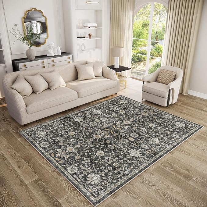Washable Area Rugs 5'x7' Non-Slip Vintage Boho Distressed Fade Resistant Low Pile Carpet for High-Traffic Living Room, Bedroom & Dining Room