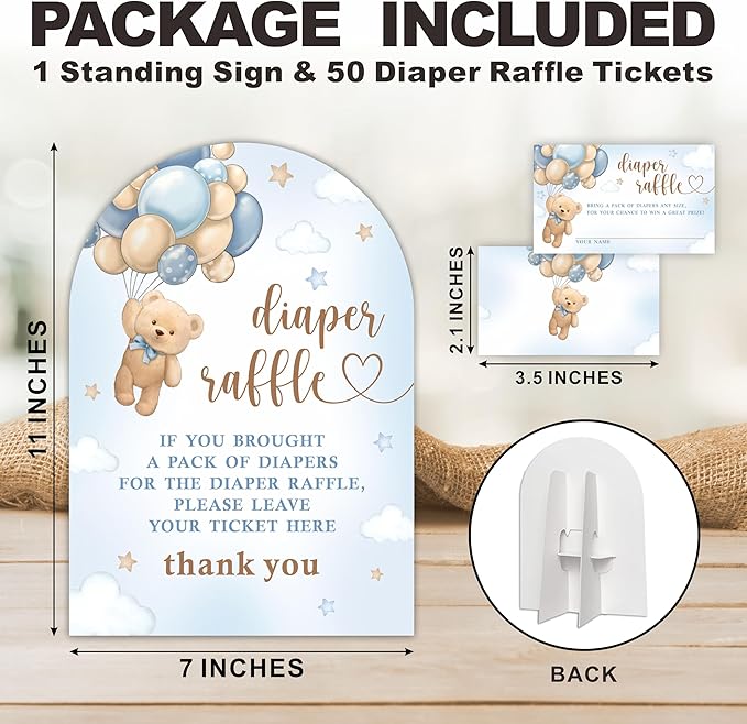 Blue Bear with Balloon Diaper Raffle Game Kit - 50 Tickets & 7x10 Inch Sign with Stand, Gender Neutral Baby Shower Decor, Bear Theme Gender Reveal Party Supplies (B02)