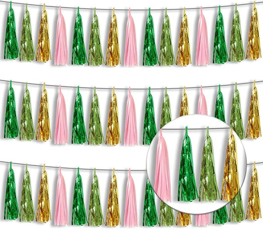 3P Metallic Fringe Tassel Banner Garland Foil Tinsel Streamer Wall Hanging Curtain Backdrop Banners for Parade Floats, Graduation Decorations, Woodland Party Decoration(Sage-Green Gold Pink)