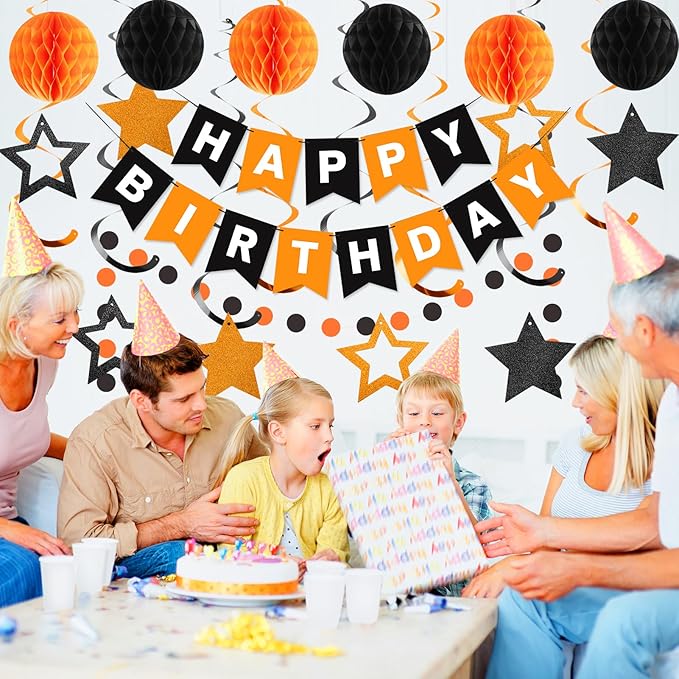 meowtastic Birthday Decorations, Happy Birthday Banner with Honeycomb Balls, Star Hanging Swirl Streamers, Circle Dots Garland, Happy Birthday Party Decorations for Women Girls (Black & Orange)