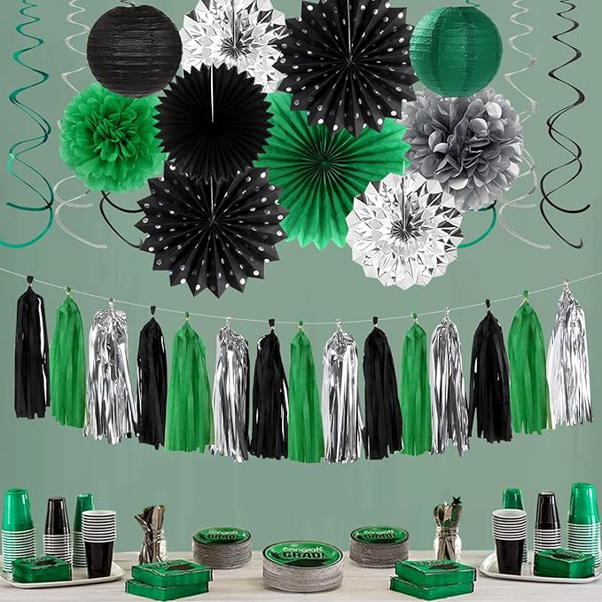 Black Green Silver Football Party-Decorations - 33pcs Banner,Soccer Graduation Streamers Tassel Garland,Tissue Pom Poms Honeycomb,Paper Lantern Fans,Men Boys Birthday Spring Summer Jungle Decor Hugtmr