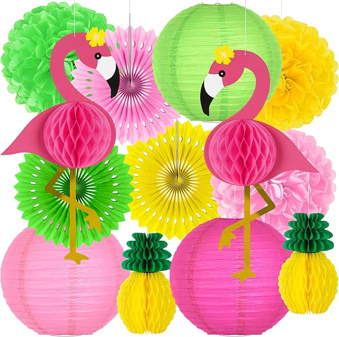 Heartome 13PCS Hawaiian Party Decorations, Luau Party Decorations, Flamingo and Pineapple Honeycomb Paper Flowers Fans and Ball Lanterns for Summer Tropical Beach Party Decorations Supplies Favors
