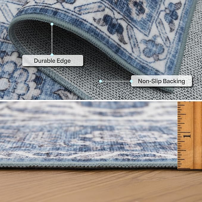 ReaLife Rugs Machine Washable Area Rug Runner - Living Room Bedroom Bathroom Kitchen Entryway Office - Padded Low Pile Stain Resistant Premium - Boho Farmhouse Vintage - Joy - Blue Ivory 2'6" x 6'