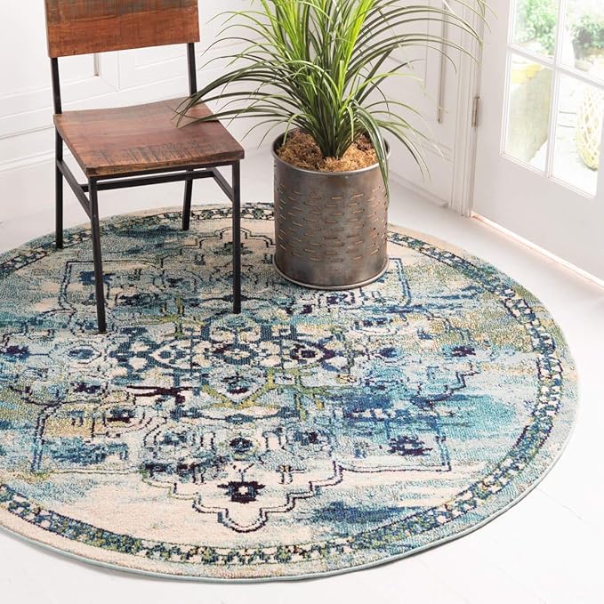 Unique Loom Medici Collection Traditional Medallion Floral Vintage Blue Round Rug (6' 0 x 6' 0)