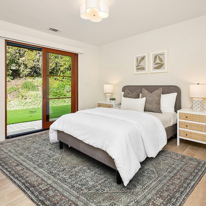 Area Rug 8×10, Large Vintage Boho Rug,Ultra-Soft Low Pile, Washable, Non Slip,Stain Resistant, Printed Carpet for Living Room Bedrooms Playroom Office Kitchen, Rust/Green