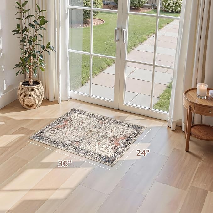 2x3 Washable Entryway Rug: Non-Slip Soft Small Indoor Area Rug for Bedroom Kitchen, Low Pile Stain-Resistant Durable Vintage Floral Carpet for Porch Laundry Kids Room Home Decor (Multi)