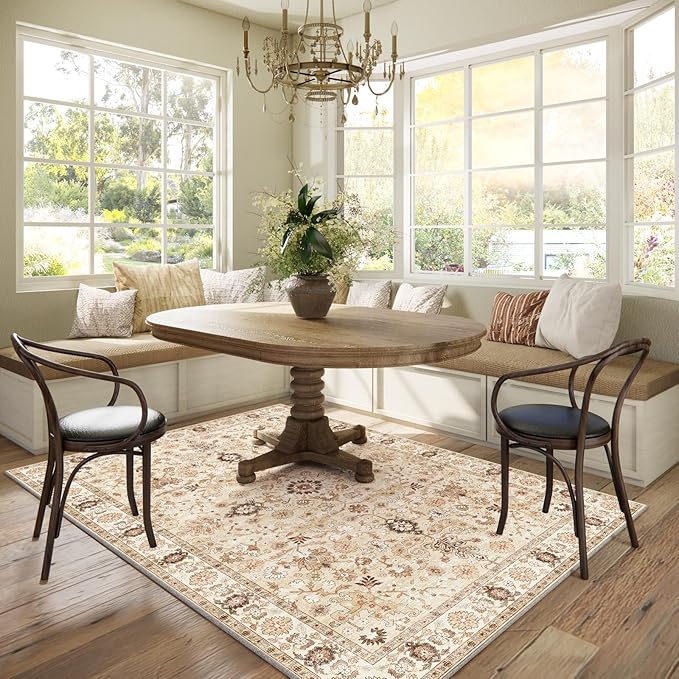 Washable Area Rugs 5'x7' Non-Slip Vintage Boho Distressed Fade Resistant Low Pile Carpet for High-Traffic Living Room, Bedroom & Dining Room