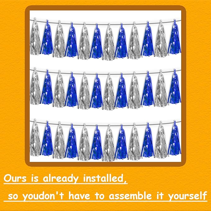 3P Navy-Blue Silver Metallic Fringe Tassel Banner Garland Foil Tinsel Streamer Wall Hanging Curtain Backdrop Banner for Parade Floats, Graduation Bridal/Baby Shower Retirement Party Decorations