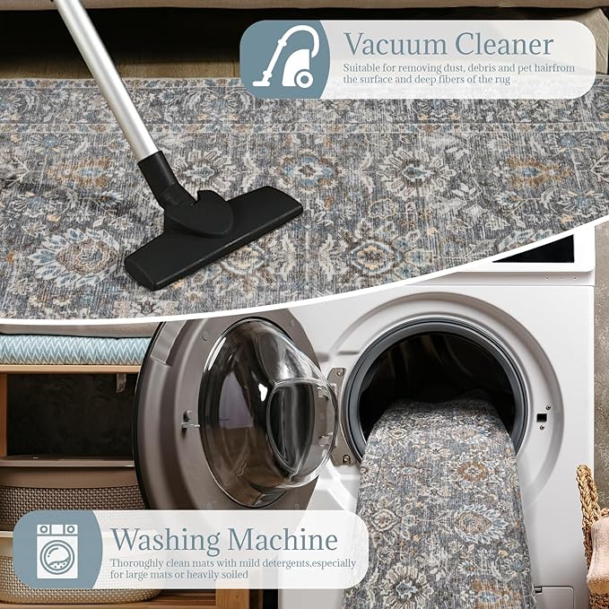 Washable Area Rugs 5'x7' Non-Slip Vintage Boho Distressed Fade Resistant Low Pile Carpet for High-Traffic Living Room, Bedroom & Dining Room