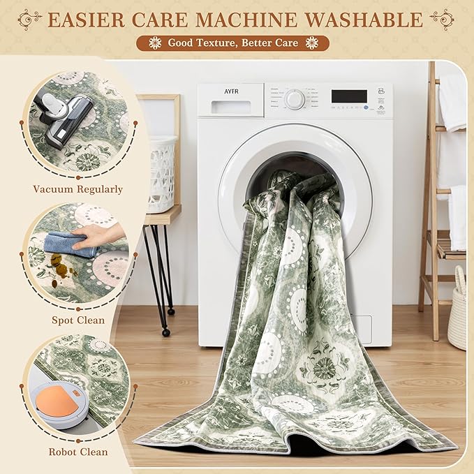 EnHomee Area Rugs 5x7, Soft Washable Rugs for Living Room Bedroom, Boho Non Slip Low Pile Stain Resistant Washable Rug Large Carpet for Dining Room,Easy to Clean Living Room Rug, Green