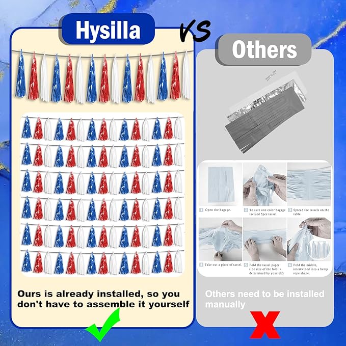 6P Red Blue White Foil Fringe Metallic Tassel Streamers Banner Tassel Garland for Parade Floats, Bachelorette, Wedding, Birthday, Graduation, Christmas, Bridal/Baby Shower Party Decorations