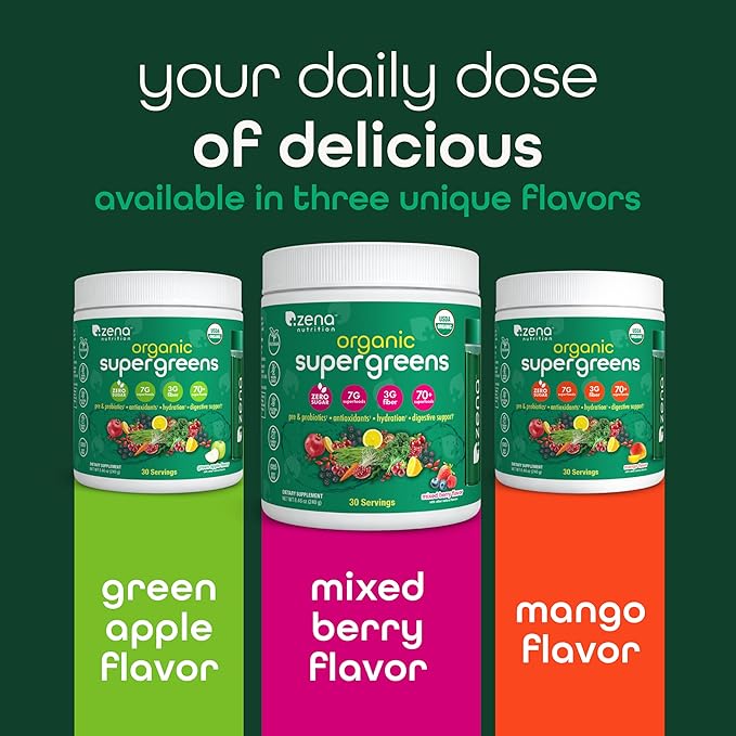 Zena Nutrition Organic Super Greens Powder, 70+ Superfoods, 0 Sugar, 3G Fiber, Spirulina, Chlorella, Antioxidants, Prebiotics/Probiotics, Digestive Enzymes, Mango, 30 Servings