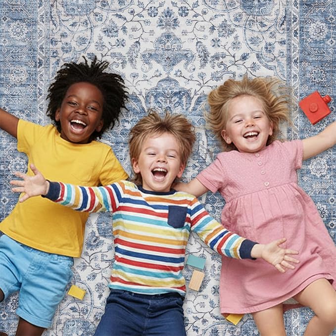 ReaLife Rugs Machine Washable Area Rug Runner - Living Room Bedroom Bathroom Kitchen Entryway Office - Padded Low Pile Stain Resistant Premium - Boho Farmhouse Vintage - Joy - Blue Ivory 2'6" x 8'