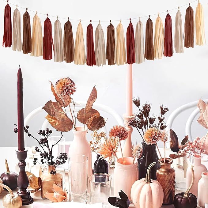 Boho Baby-Shower Burgundy-Brown Champagne Party-Decorations - 28pcs Neutral Birthday Rustic Wedding Bridal Tissue Pom Poms Streamers, Fall Autumn Tassel Garland Banner, Engagement Decor Ouruola