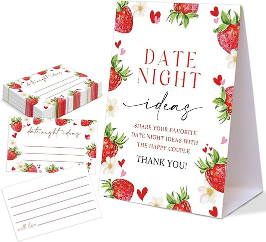 Strawberry Themed Share Your Date Night Ideas Game, 1 Tabletop Sign and 50 Cards, Bridal Shower Games 50 Guests, Wedding Shower Games for Bachelorette Night Engagement Wedding Event & Party Supplies