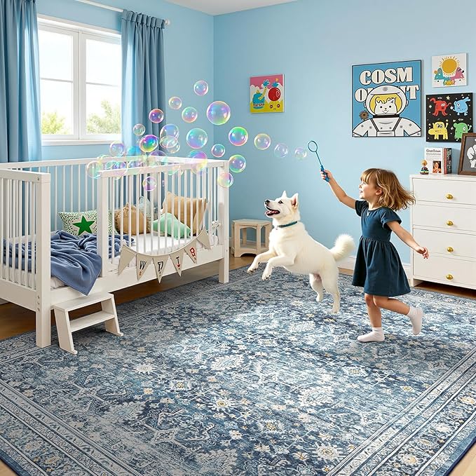 Lofus 8x10 Area Rug for Living Room,Blue Washable Area Rugs with Non-Slip Backing,Soft Boho Carpets for Bedroom Dining Room Home Office Indoor Nursery