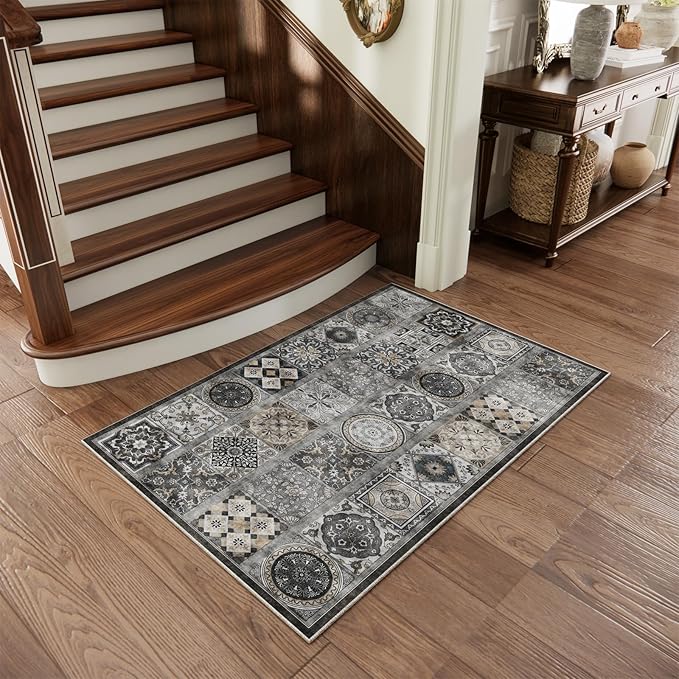 Washable Entryway Rug 3'x5 Non-Slip Backing Vintage Indoor Rug Low Pile Lightweight Carpet for High-Traffic Indoor Entrance & Kitchen