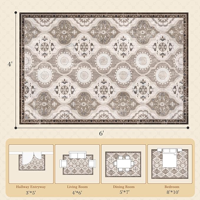 EnHomee Washable Area Rugs 4x6, Soft Area Rug for Living Room Bedroom, Boho Non Slip Low Pile Stain Resistant Washable Rug Large Carpet for Dining Room,Easy to Clean Living Room Rug, Khaki