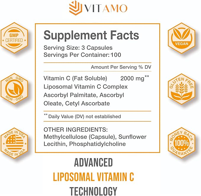 Liposomal Vitamin C 2000mg | Superior Delivery System | 300 Capsules Immune Support & Collagen Booster | High Absorption Ascorbic Acid, High Dose Vitamin c, Zero Soy, 100% Non–GMO