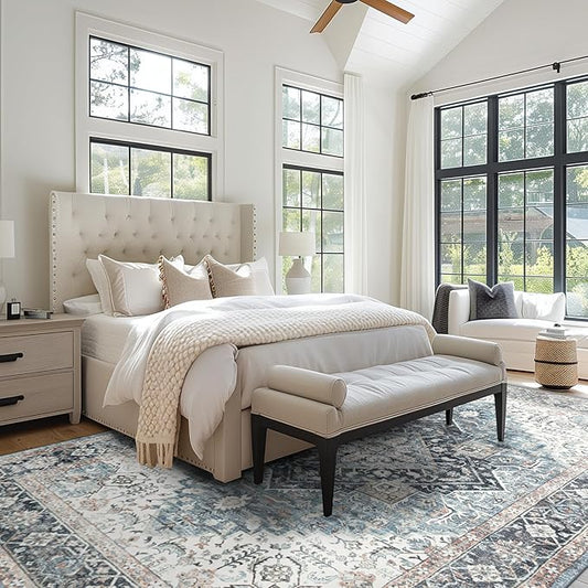 Area Rug 8×10, Large Vintage Boho Rug,Ultra-Soft Low Pile, Washable, Non Slip,Stain Resistant, Printed Carpet for Living Room Bedrooms Playroom Office Kitchen, Blue/Navy