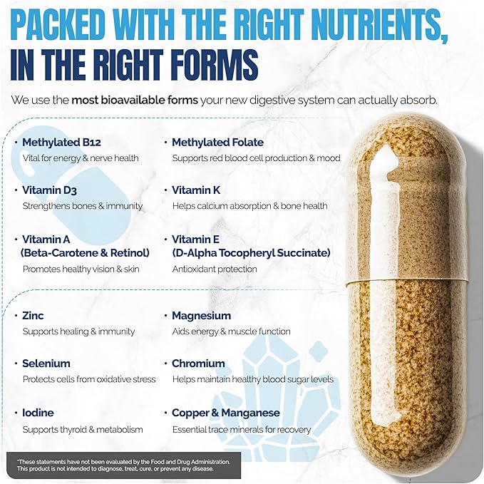 Shiny Leaf Methylated Bariatric Multivitamin Without Iron – Vitamins for Gastric Bypass & Sleeve, 1 Daily Capsule W Methylated Folate, B12, A, C, D, K & More. Vegetarian, Soy-Free, USA Made (90 Ct.)