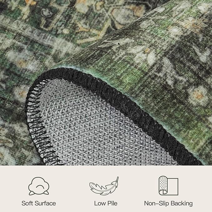 Lofus 2X 8 Runner Rug for Hallways,Green Washable Runner Rugs with Non Slip Rubber Backing, Low Pile Soft Carpet Runner for Kitchen Bathroom Bedroom Laundry