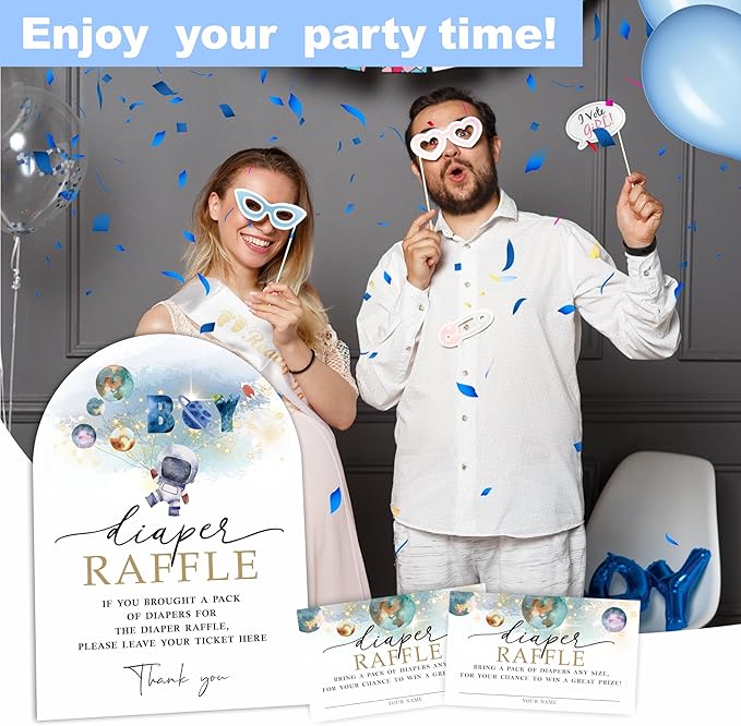 Space Astronaut Diaper Raffle Game Kit with Stand - 50 Tickets & 7x10 Inch Sign for Gender Neutral Baby Shower, Outer Space Theme Gender Reveal Party Decor (B03)