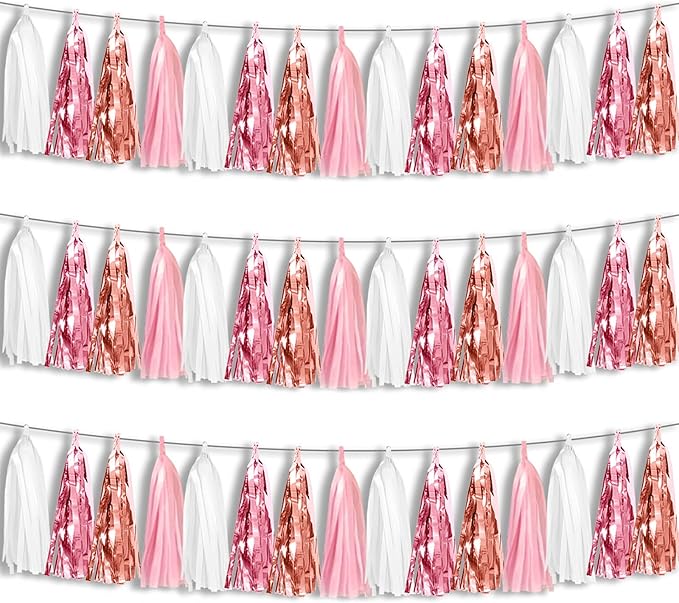 3P Pink White Peach Rose Gold Tassels Foil Fringe Metallic Garland Banner, Tassels Banner Streamers for Parade Floats, Bachelorette, Wedding, Birthday, Christmas, Bridal/Baby Shower Party Decorations