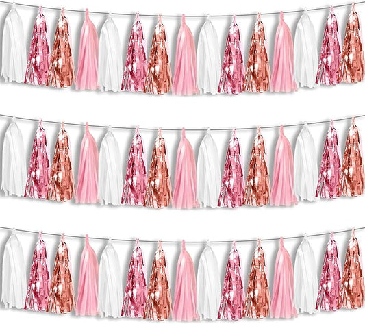 3P Pink White Peach Rose Gold Tassels Foil Fringe Metallic Garland Banner, Tassels Banner Streamers for Parade Floats, Bachelorette, Wedding, Birthday, Christmas, Bridal/Baby Shower Party Decorations