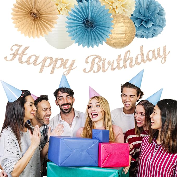 Light-Dusty Blue 18th Happy-Birthday Party-Decorations - 31pcs Women Girls Paper Lanterns Streamers Banner,Tissue Pom Poms Fans Tassels Graland Decor,Beige Champagne Wall Backdrop Supplies Hugmoon