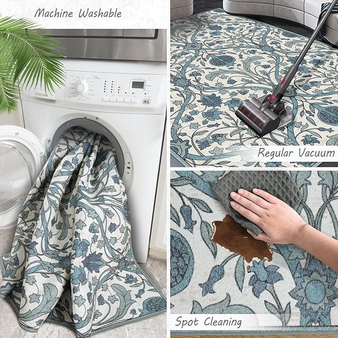 Washable Area Rug 8x10, Large Soft Rugs Vintage Rug for Living Room, Bedroom Rug, Farmhouse, Dining Room, Kids Playroom, Cream Gray Multi