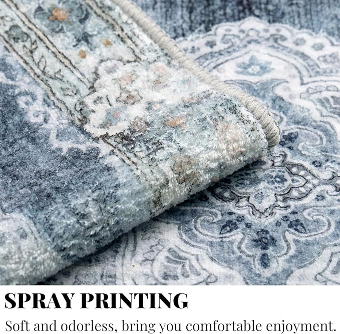 MUJOO Hallway Runner Rug Machine Washable Runner Rugs Non Slip Boho Blue Grey Runner Rug for Hallways Entryway Kitchen Bathroom Bedside Retro Soft Low-Pile 2'x6' Blossom